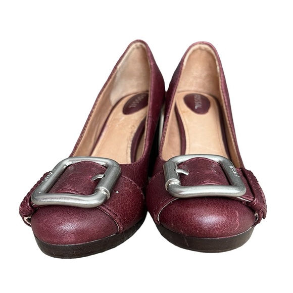 Fossil Maddox Burgundy Leather Stacked Heel Buckle Pumps Sz 7.5 Y2K Vintage - Picture 8 of 12